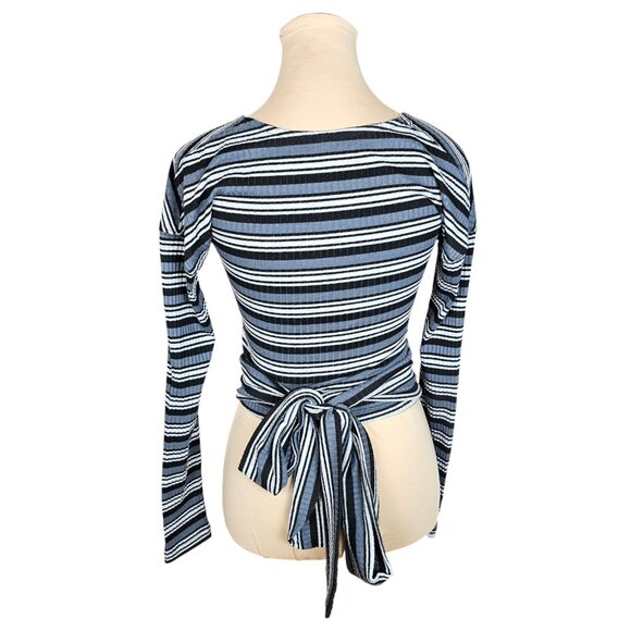 Free People V-Neck Wrap Top Long Sleeve Striped Black & Grey Sz S - Picture 4 of 7